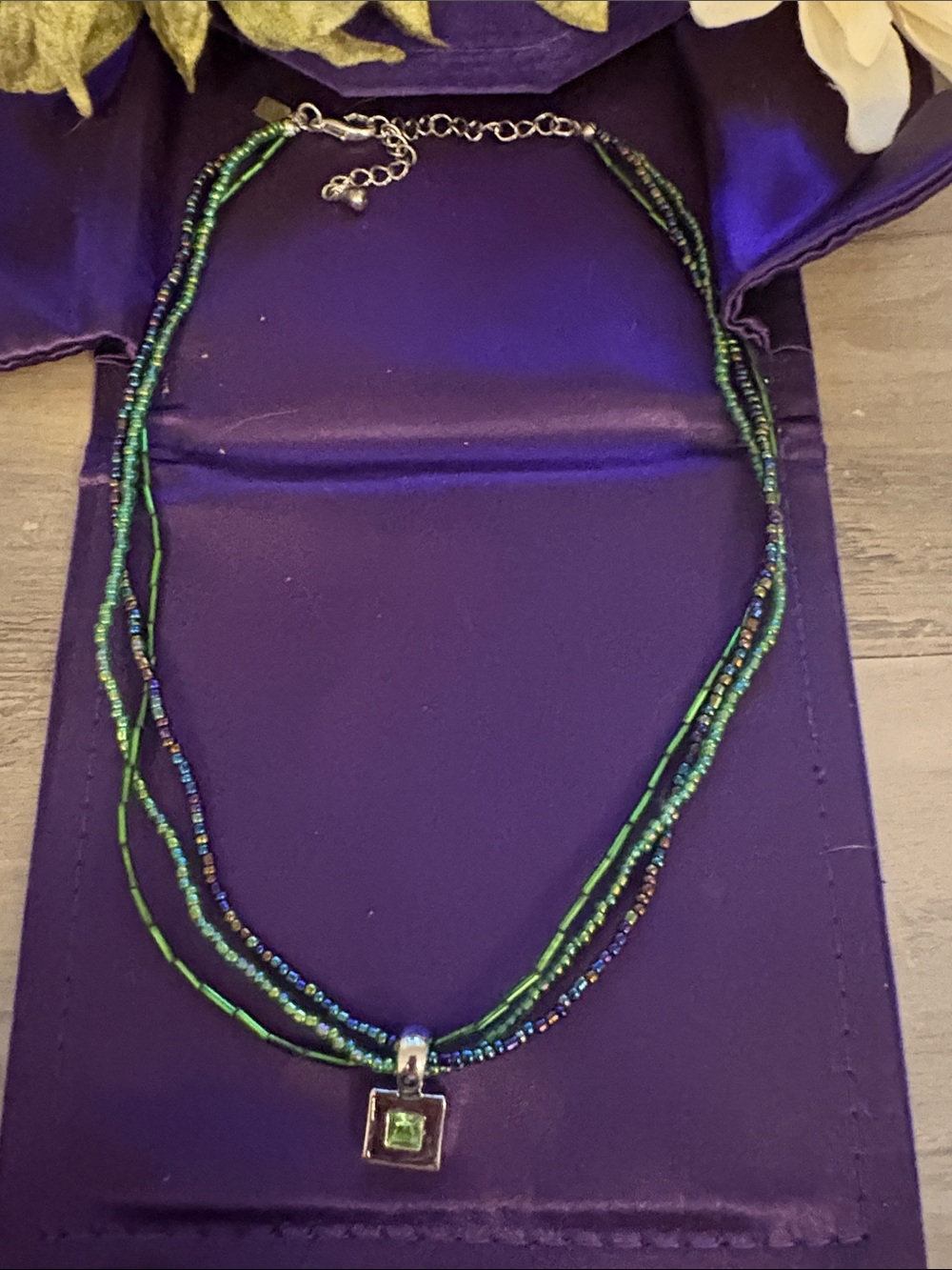 LR:Multi-Strand Beaded Necklace w Sterling Silver Sq Pendant w Green Swarovski